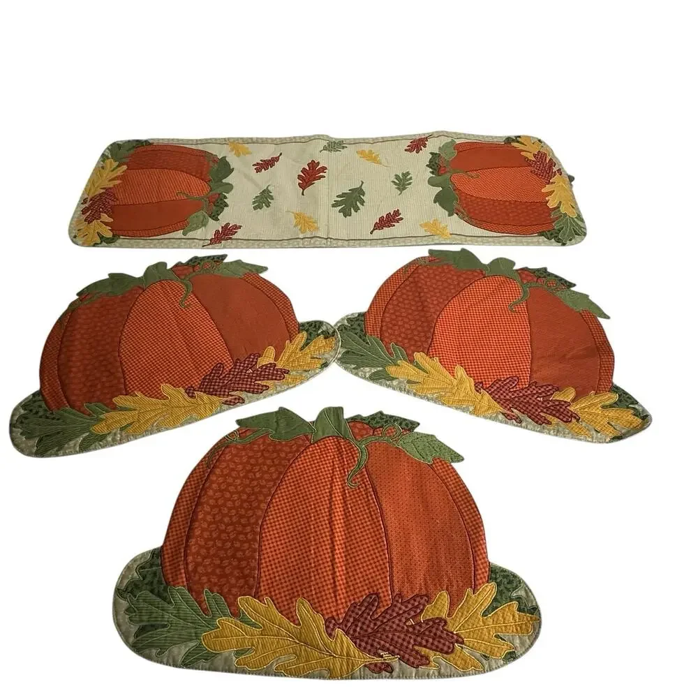 Kohls Celebrate Fall Orange Pumpkin Placemats Table Runner Kitchen Home Decor